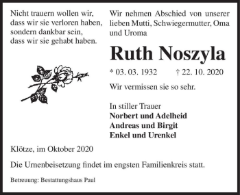 Traueranzeige von Ruth Noszyla  von Magdeburger Volksstimme