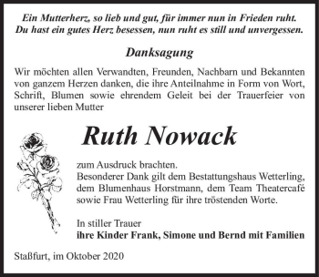 Traueranzeige von Ruth Nowack  von Magdeburger Volksstimme