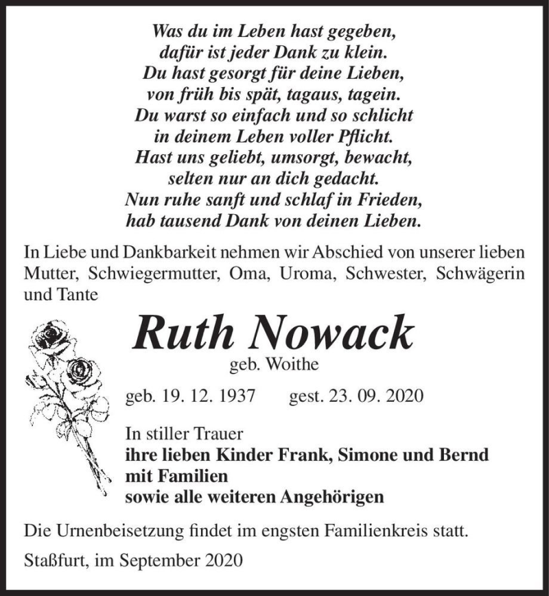  Traueranzeige für Ruth Nowack (geb. Woithe)  vom 26.09.2020 aus Magdeburger Volksstimme
