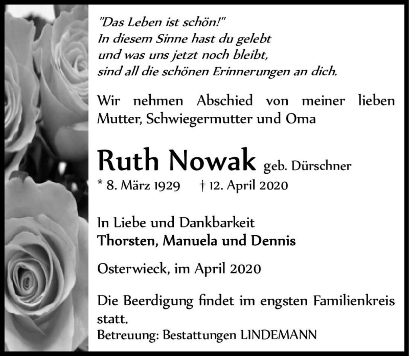  Traueranzeige für Ruth Nowak (geb. Dürschner)  vom 18.04.2020 aus Magdeburger Volksstimme