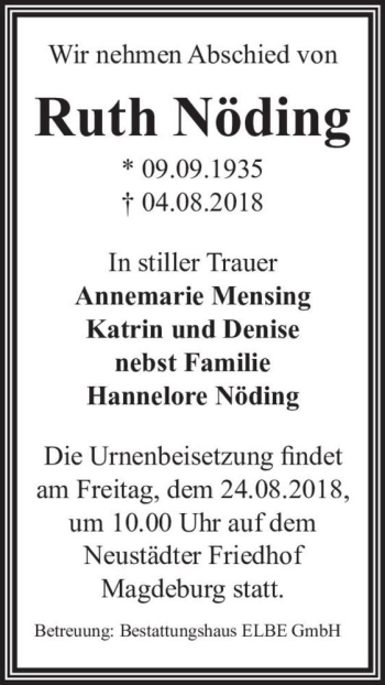 Traueranzeige von Ruth Nöding  von Magdeburger Volksstimme