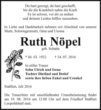 Traueranzeige von Ruth Nöpel (geb. Schatte)  von Magdeburger Volksstimme