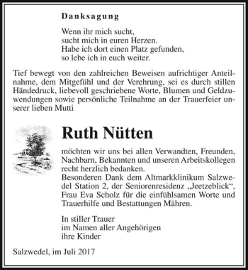 Traueranzeige von Ruth Nütten  von Magdeburger Volksstimme