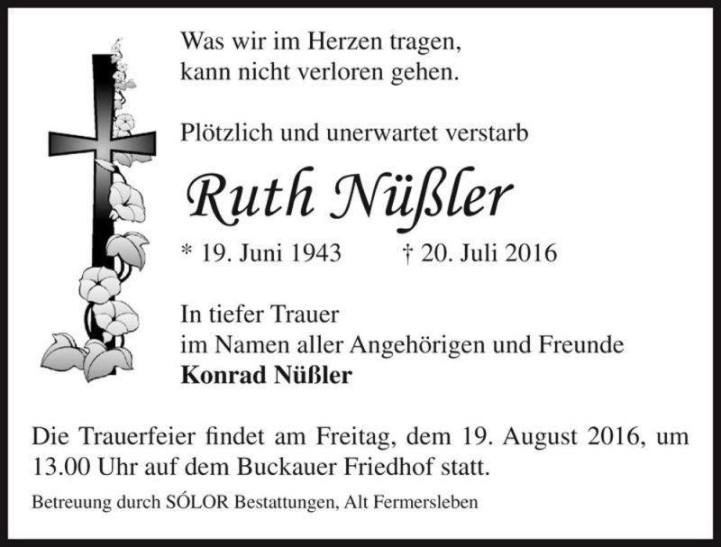  Traueranzeige für Ruth Nüßler  vom 13.08.2016 aus Magdeburger Volksstimme