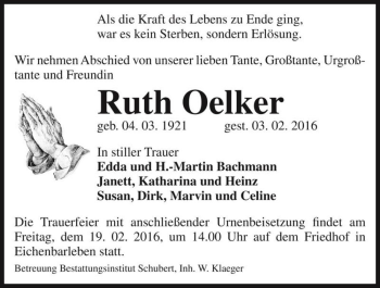 Traueranzeige von Ruth Oelker  von Magdeburger Volksstimme