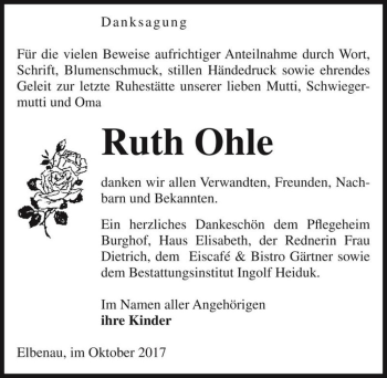Traueranzeige von Ruth Ohle  von Magdeburger Volksstimme