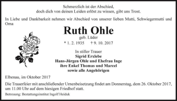 Traueranzeige von Ruth Ohle (geb. Lüder)  von Magdeburger Volksstimme