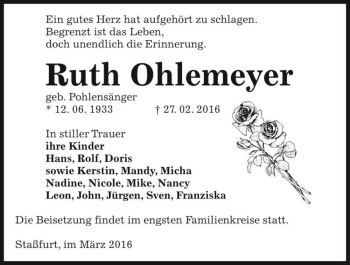 Traueranzeige von Ruth Ohlemeyer (geb. Pohlensänger)  von Magdeburger Volksstimme