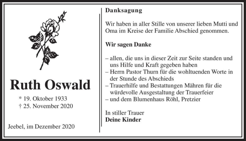  Traueranzeige für Ruth Oswald  vom 02.01.2021 aus Magdeburger Volksstimme