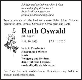 Traueranzeige von Ruth Oswald (geb. Eggert)  von Magdeburger Volksstimme