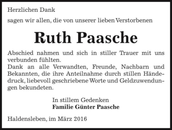 Traueranzeige von Ruth Paasche  von Magdeburger Volksstimme