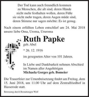 Traueranzeige von Ruth Papke (geb. Abel)  von Magdeburger Volksstimme