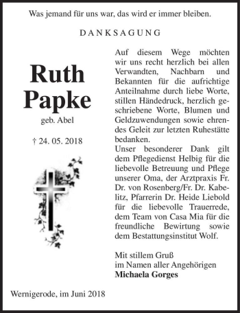 Traueranzeige von Ruth Papke (geb. Abel)  von Magdeburger Volksstimme