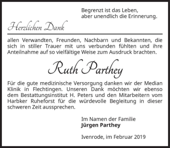 Traueranzeige von Ruth Parthey  von Magdeburger Volksstimme