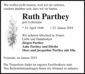 Traueranzeige von Ruth Parthey (geb. Lehrmann)  von Magdeburger Volksstimme