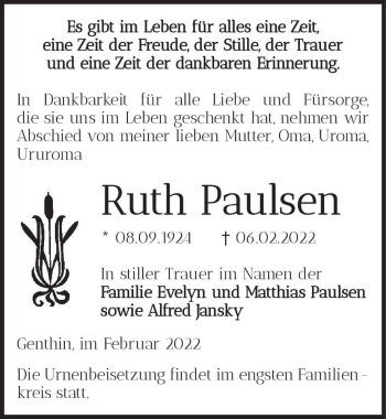 Traueranzeige von Ruth Paulsen  von Magdeburger Volksstimme