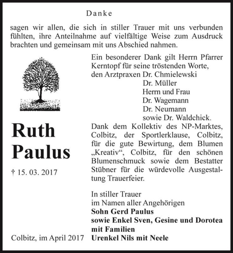  Traueranzeige für Ruth Paulus  vom 15.04.2017 aus Magdeburger Volksstimme