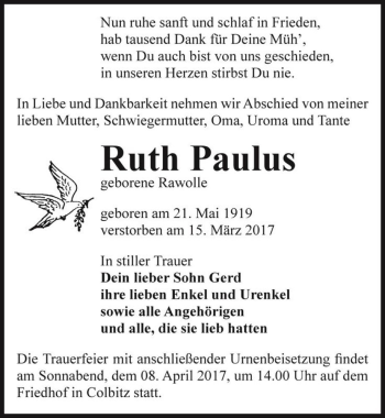 Traueranzeige von Ruth Paulus (geb. Rawolle)  von Magdeburger Volksstimme