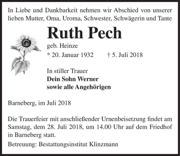 Traueranzeige von Ruth Pech (geb. Heinze)  von Magdeburger Volksstimme