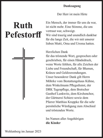 Traueranzeige von Ruth Pefestorff  von Magdeburger Volksstimme