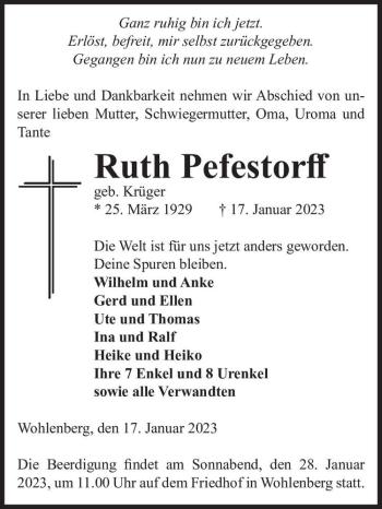 Traueranzeige von Ruth Pefestorff (geb. Krüger)  von Magdeburger Volksstimme
