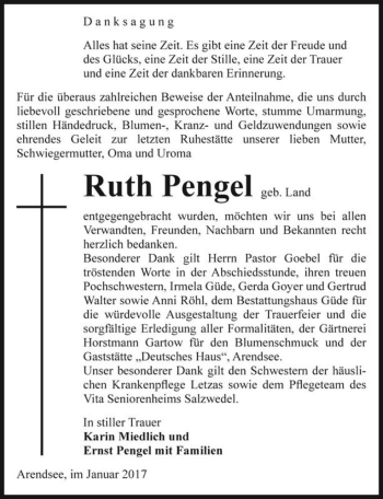 Traueranzeige von Ruth Pengel (geb. Land)  von Magdeburger Volksstimme
