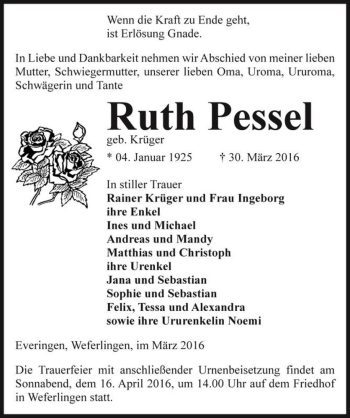 Traueranzeige von Ruth Pessel (geb. Krüger)  von Magdeburger Volksstimme