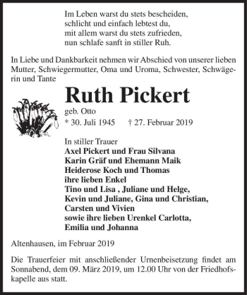 Traueranzeige von Ruth Pickert  von Magdeburger Volksstimme