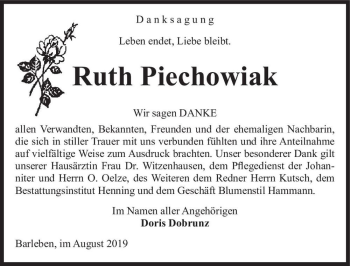 Traueranzeige von Ruth Piechowiak  von Magdeburger Volksstimme