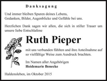 Traueranzeige von Ruth Pieper  von Magdeburger Volksstimme