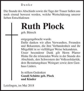 Traueranzeige von Ruth Plock (geb. Bünsch)  von Magdeburger Volksstimme