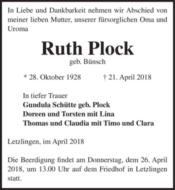 Traueranzeige von Ruth Plock (geb. Bünsch)  von Magdeburger Volksstimme
