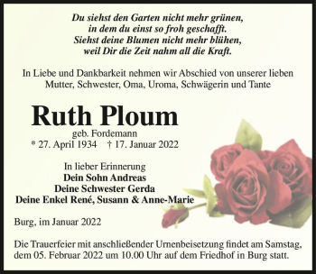 Traueranzeige von Ruth Ploum (geb. Fordemann)  von Magdeburger Volksstimme