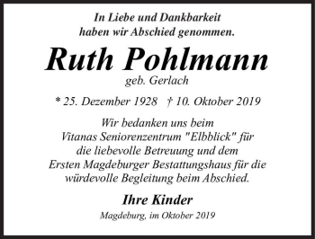 Traueranzeige von Ruth Pohlmann (geb. Gerlach)  von Magdeburger Volksstimme