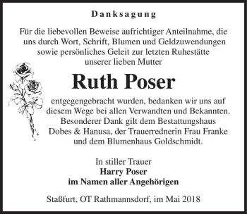 Traueranzeige von Ruth Poser  von Magdeburger Volksstimme