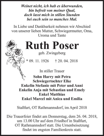 Traueranzeige von Ruth Poser (geb. Zwingeberg)  von Magdeburger Volksstimme