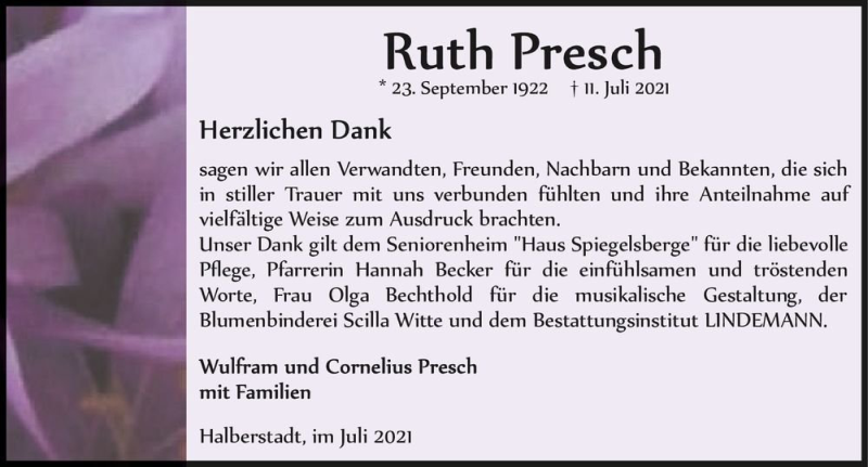  Traueranzeige für Ruth Presch  vom 31.07.2021 aus Magdeburger Volksstimme