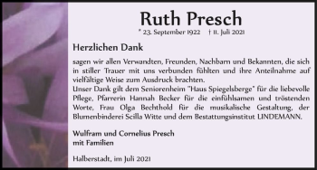 Traueranzeige von Ruth Presch  von Magdeburger Volksstimme