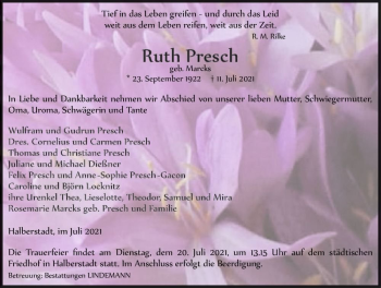 Traueranzeige von Ruth Presch (geb. Mareks)  von Magdeburger Volksstimme