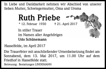 Traueranzeige von Ruth Priebe  von Magdeburger Volksstimme