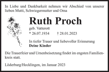 Traueranzeige von Ruth Proch (geb. Vatterott)  von Magdeburger Volksstimme
