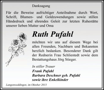 Traueranzeige von Ruth Pufahl  von Magdeburger Volksstimme