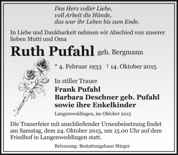 Traueranzeige von Ruth Putfahl (geb. Bergmann)  von Magdeburger Volksstimme