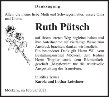 Traueranzeige von Ruth Pütsch  von Magdeburger Volksstimme
