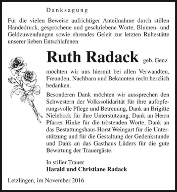 Traueranzeige von Ruth Radack (geb. Genz)  von Magdeburger Volksstimme