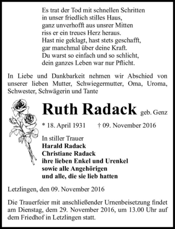 Traueranzeige von Ruth Radack (geb. Genz)  von Magdeburger Volksstimme