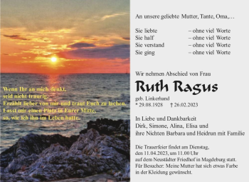 Traueranzeige von Ruth Ragus (geb. Linkerhand)  von Magdeburger Volksstimme