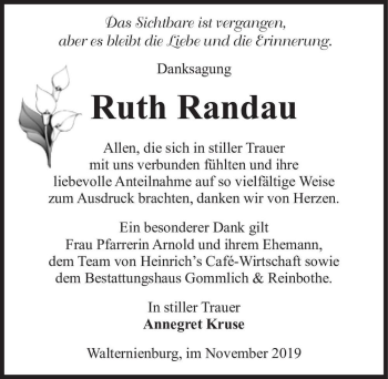 Traueranzeige von Ruth Randau  von Magdeburger Volksstimme