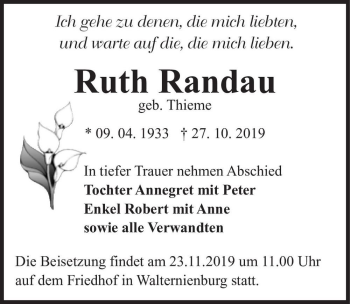 Traueranzeige von Ruth Randau (geb. Thieme)  von Magdeburger Volksstimme