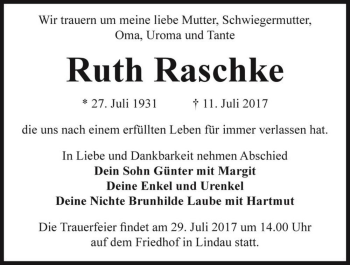 Traueranzeige von Ruth Raschke  von Magdeburger Volksstimme